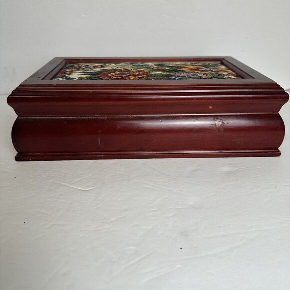 Vtg Wooden Jewelry Box Dark Floral Fabric Top Pink Felt Interior‎ Mirror In Lid - Picture 7 of 11